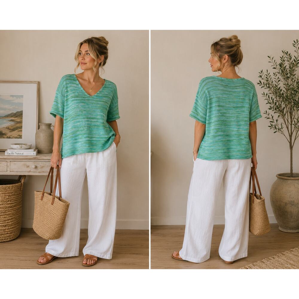 Talbots Petite Women’s XL Coastal Grandma Knit Sweater Top Green Blue Cotton